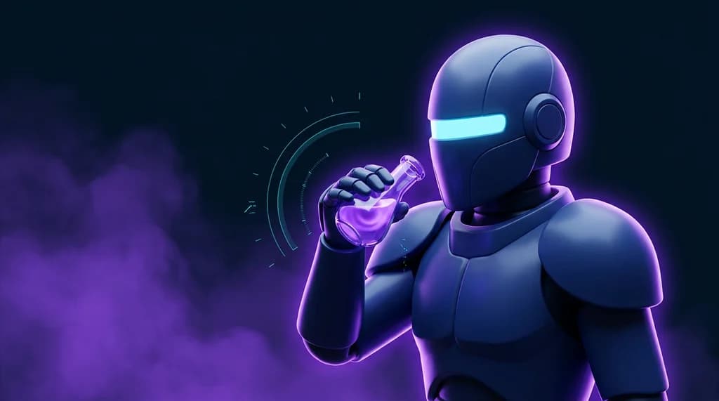 An AI worker agent raising a glowing violet Elixir vial, with a diagnostic readout beside it.