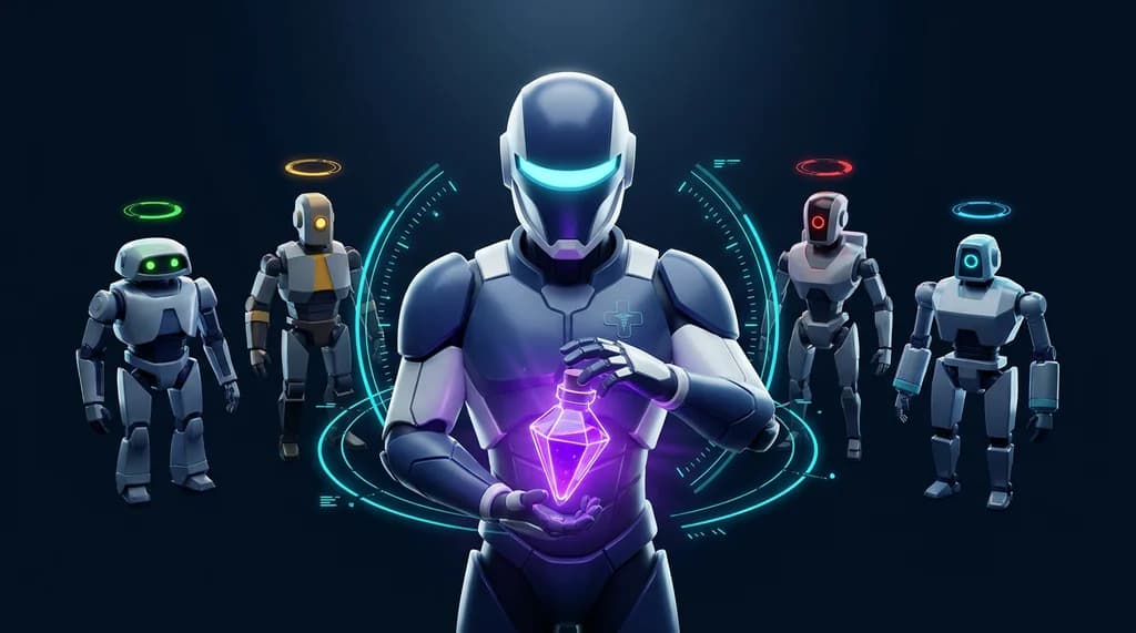 A Fleet Doctor agent holding a glowing Elixir vial, surrounded by five worker agents each showing a different health status.